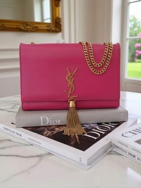 Saint Laurent Kate Tassel Medium Bag Fuchsia Pink Leather Gold Hardware Italy